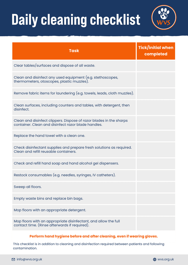 Daily cleaning checklist for clinical areas